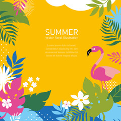 Pink flamingo with jungle exotic leaves. Cartoon vector illustration, poster, art print . Hello summer bright background