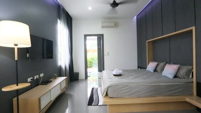 Luxury asian villa bed room interior. Rich room, big space