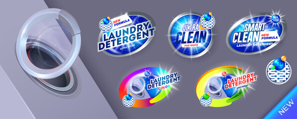 Large set Laundry detergent banners for smart clean. Template for laundry detergent. Package design for Washing Powder & Liquid Detergents ads. Isolated vector illustration - obrazy, fototapety, plakaty