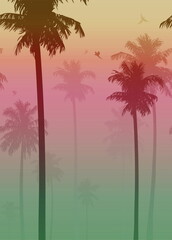 Vector illustration seamless horizontally. Background with palms and flying parrots 