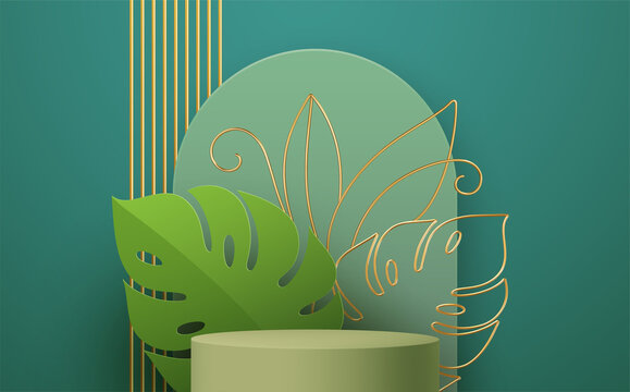 Product Podium With Golden Monstera Leaf Line Art On Green Background. Modern Mockup Template For Advertising. Vector Illustration