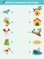 Education Element Matching Game for Preschool Children with Animals. Cartoon Vector Illustration.