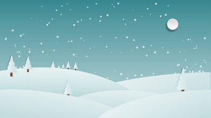 Winter scenery  landscape with snowy mountains, pines trees and hills in paper cut craft style design, vector illustration 
