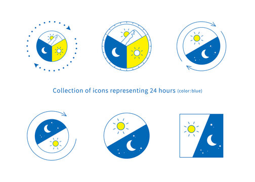6 types of 24 hour image illustration set (line art, blue)