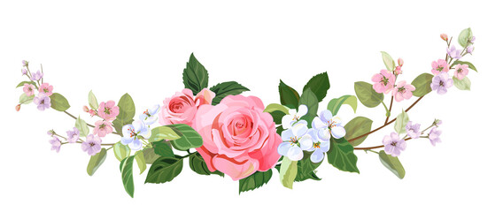 Panoramic view: bouquet of roses, spring blossom. Horizontal border: pink, mauve, white flowers, buds, green leaves on light background. Digital draw illustration in watercolor style, vintage, vector