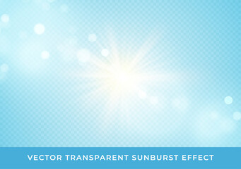 Sun rays blurred bokeh transparent effect isolated on light blue background. Vector illustration