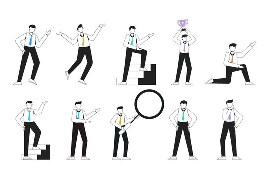 no face young man worker character presentation pose set with hand gesture. male business people standing. businessman with outline style isolated vector illustration.