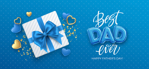 Fototapeta na wymiar Best Dad Ever. Happy Fathers day Festive event banner. Happy birthday holiday background. Holiday gift box on the Blue background. Vector illustration
