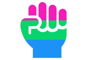 Poli sexual en lucha. Puño cerrado con la bandera fucsia, verde y azul sobre fondo blanco