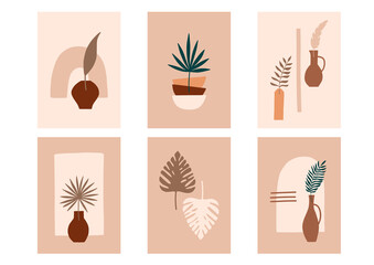 Tropical leaves and vases card set. Be mine hand drawn lettering. Template for, banner, poster, flyer, greeting card, web design, print design. Vector illustration.