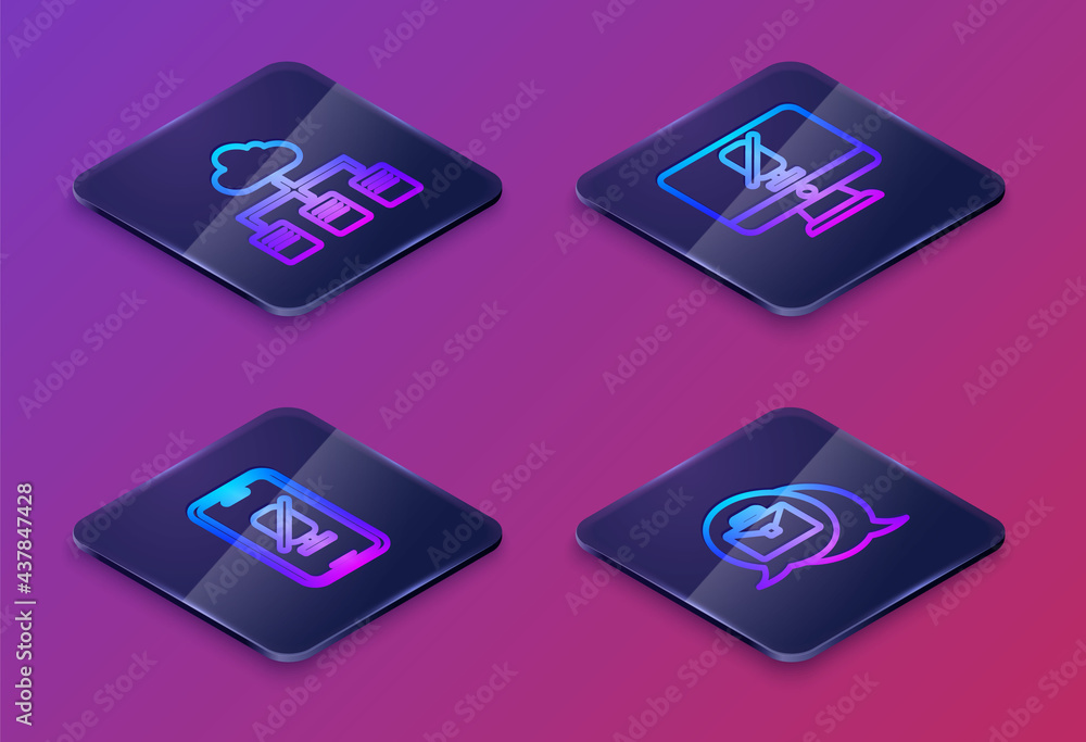 Poster set isometric line online working, mute microphone on mobile, computer and . blue square button. vec