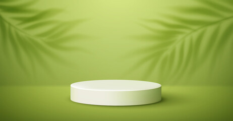 White product podium and tropical palm leaves shadow on green background. Background for product presentation. Vector illustration