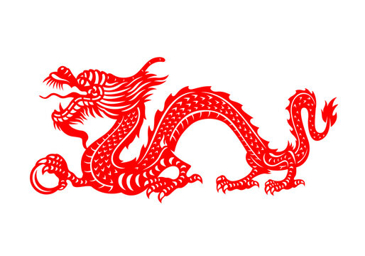 Red Chinese Zodiac Animals Papercutting - China Dragon Holding Orb Vector Design