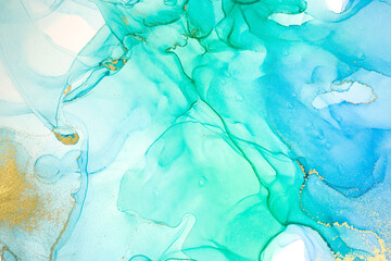 Watercolor green and blue abstract stains background. Ink gradient texture.