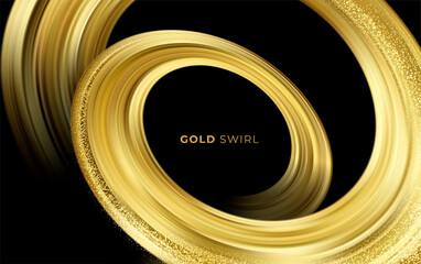 Golden swirl on black background. Abstract shiny color gold wave design element. Vector illustration