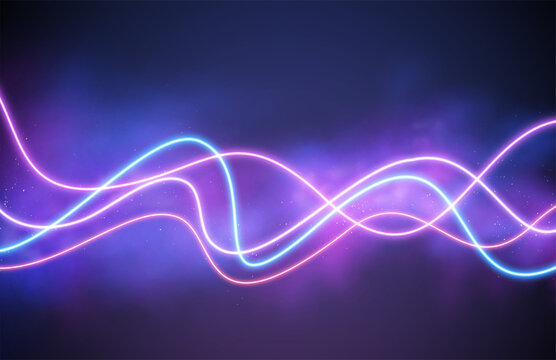 Abstract wave neon shape on pink smoke background. Vector glowing light lines. Dark neon background. Vector illustration