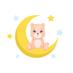 Baby bear sit on the crescent moon. Flat vector cartoon design