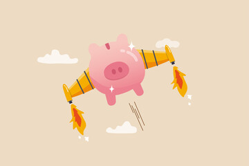 Boost financial earning or income, get rich fast or high growth investment, business opportunity or salary rising up concept, pink piggy bank with rocket booster wing flying fast high up in the sky. - obrazy, fototapety, plakaty