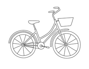 Vector illustration of city bicycle with a basket. Line art. Hand-drawn illustration. Suitable for illustrating a healthy lifestyle, sports, transport.