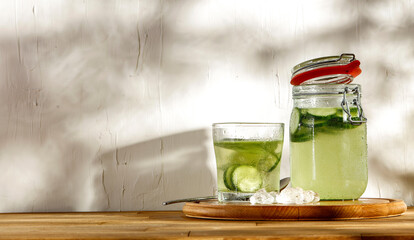 Fresh water with cucumber, drink for a hot summer day, healthy natural drink, an injection of vitamins 
