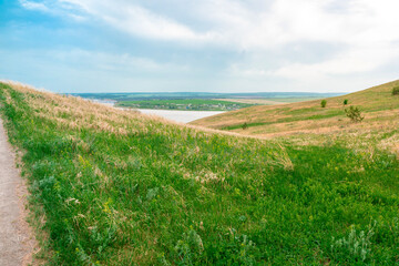 Spring and summer landscape. Green meadows with trees and a river in the background
