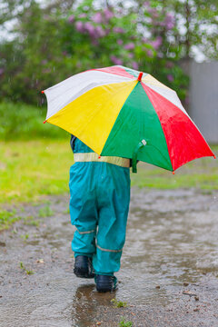 a little child walks in the rain down the street holding an umbrella in his hands