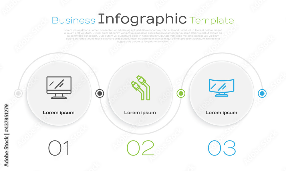 Poster set line computer monitor screen, lan cable network internet and . business infographic template. ve