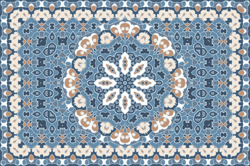 Vintage Arabic pattern. Persian colored carpet. Rich ornament for fabric design, handmade, interior decoration, textiles. Blue background. - 437851233