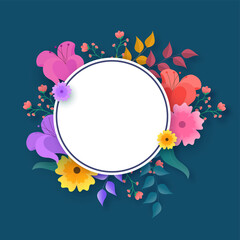 Empty White Circular Frame Decorated With Floral On Blue Background.
