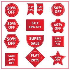 Different Sale Discount Label Or Tag, Ribbon, Sticky Set In Red Color.