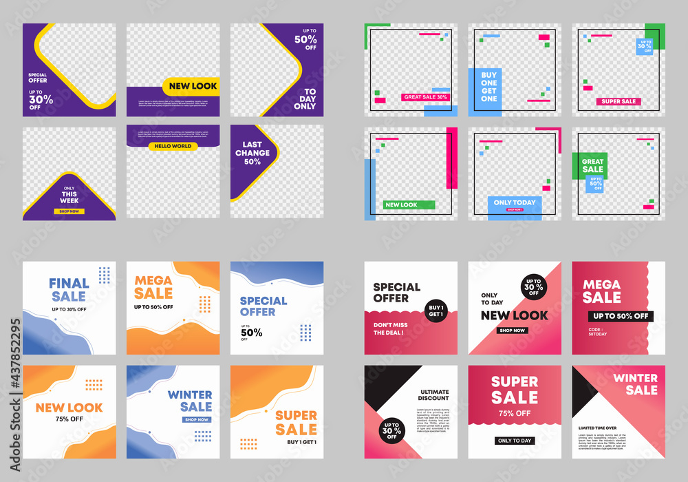 Poster set of editable minimal square banner template. colorful background color with stripe line shape. su