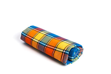 Colored plaid folded fabric isolated, plaid kitchen towel, picnic decoration element.