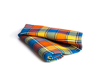 Colored plaid folded fabric isolated, plaid kitchen towel, picnic decoration element.