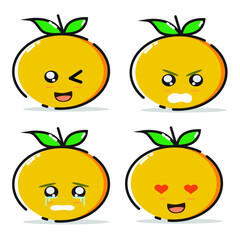 set of fruits. An orange face with heart-shaped eyes symbolizes falling in love, a wink expression means agreeing, an angry expression by furrowing the eyebrows and a sad expression to shed tears.