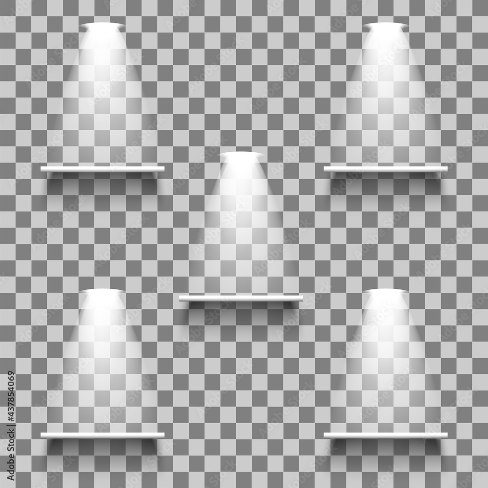 Poster white empty shelves with light and shadow on transparent background