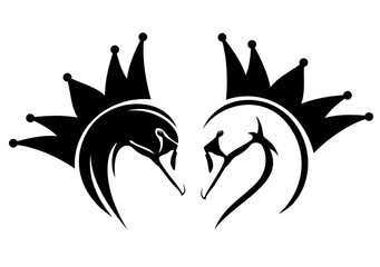 elegant princess swan bird profile head with bent neck and royal crown black and white vector design set