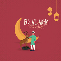 Illustration Of Muslim Boy Standing With A Brown Goat, Crescent Moon And Lanterns Hang On Red Islamic Pattern Background For Eid-Al-Adha Mubarak Concept.