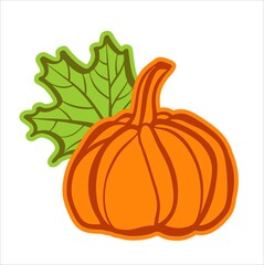 Pumpkin with a leaf. Harvest. Color illustration in the form of a sign, logo or sticker. Silhouette for cutting on a plotter, suitable for SVG format.