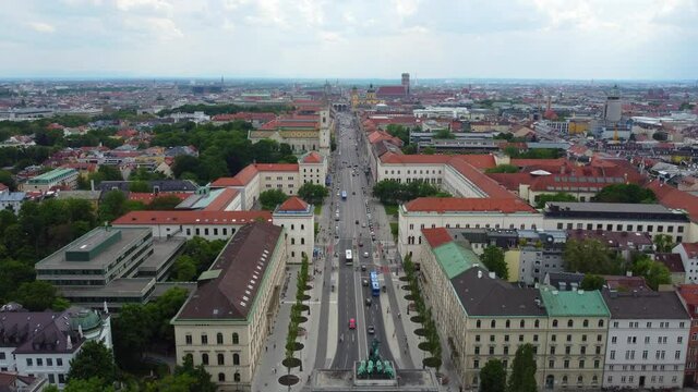 Victory Gate in Munich at Ludwig street - aerial view - drone photography