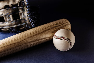 glove, bat and baseball ball