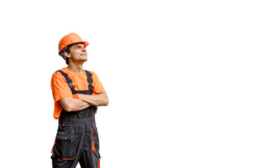 Young happy man builder construction worker with hands in different position on white background