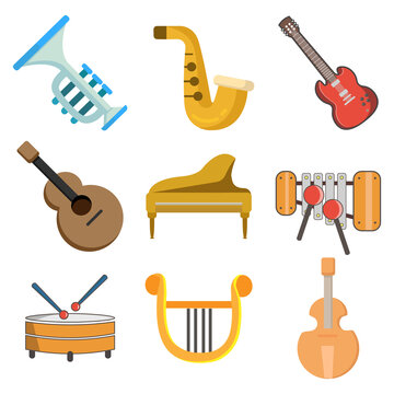 musical instruments vector clip art set, drums, grand piano, dulcimer, Barbitos, violin, trumpet, saxophone.