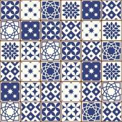 Blue Portuguese tiles pattern - Azulejos vector, fashion interior design tiles 