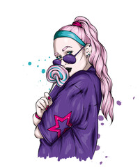 A beautiful girl in stylish clothes and with ice cream or candy. Vector illustration. Fashion and style, clothing and accessories.