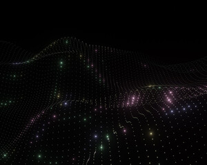 Abstract grid whose nodes have polyhedron that glisten over black background.
Technology or science. 3D illustration.
                                           