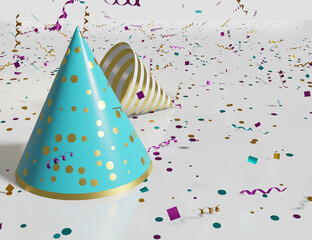 Festive floor with confetti, serpentine and cone.  Celebration of party. Holiday background. 3D illustration.