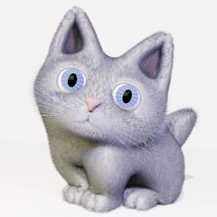 Cute, fluffy, white kitten with blue eyes isolated over white background. 3D illustration.  