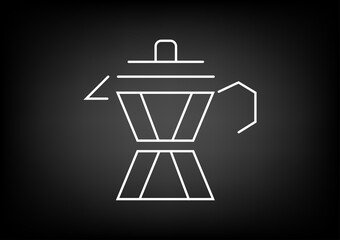 Food and drink logo. Minimalistic white line art of Moka pot or coffee maker illustration on black background, banner.