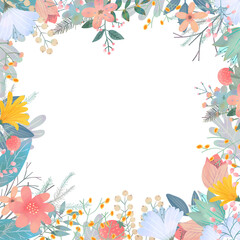 ポップで優しい色使いの北欧風オシャレな植物の白バックフレームイラスト素材