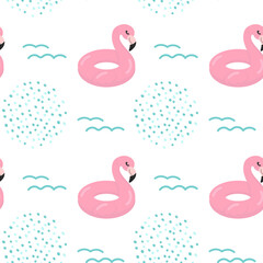 Beautiful seamless tropical pattern with pink flamingos on a white background. Abstract summer texture. Design for fabric, wallpaper, textile and decor.